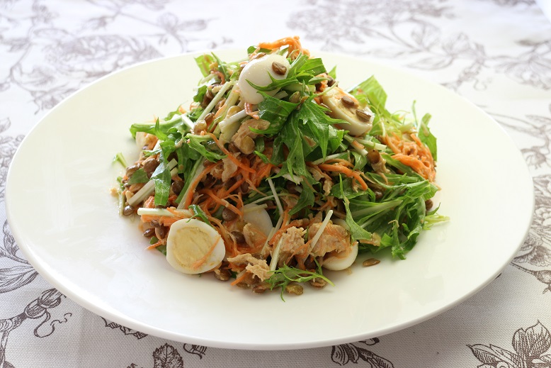 水菜とレンズ豆のシャキシャキサラダ